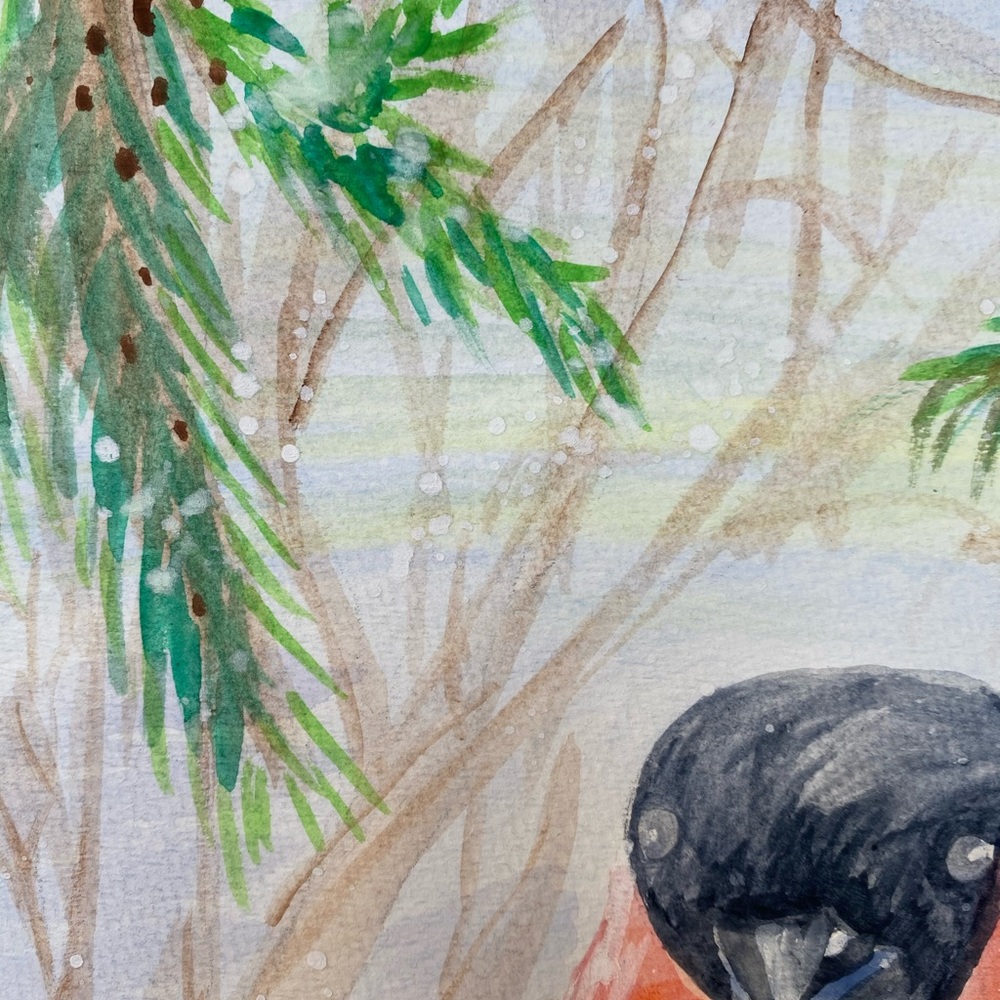bullfinch panting Trees in winter watercolor 12x9” - Picture 4 of 10